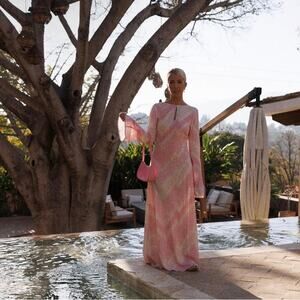 NWT The Wolf Gang Ames Keyhole Linen Blend Maxi Dress Blush Pink Size XS